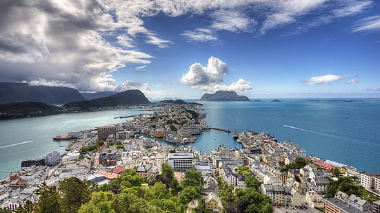 kota, laut, kaki langit, Norwegia, Alesund, Wallpaper HD HD wallpaper