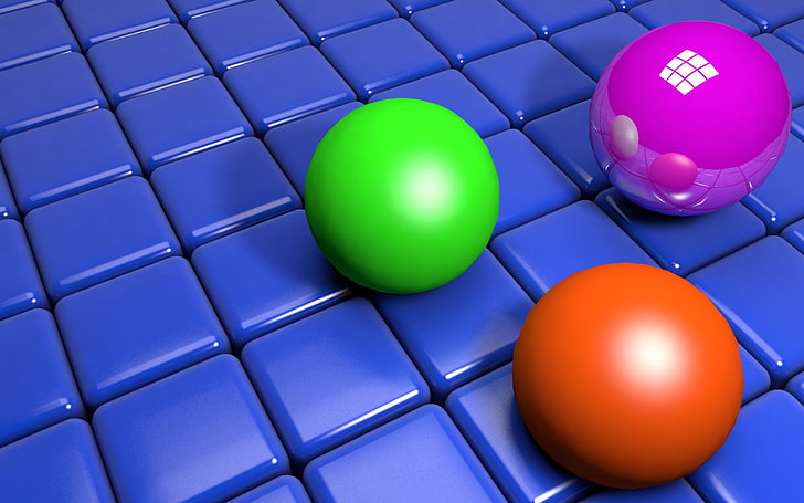 three assorted-color balls, balls, cubes, structure, HD wallpaper