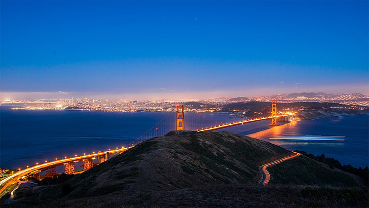 جسر البوابة الذهبية ، جسر البوابة الذهبية ، الممرات الضوئية ، سان فرانسيسكو ، أضواء المدينة ، التعريض الطويل، خلفية HD
