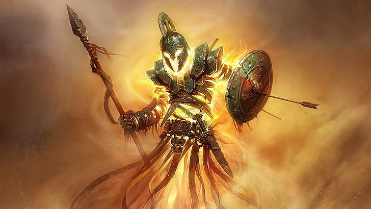 ksatria setan api memegang wallpaper tombak, prajurit, seni fantasi, Wallpaper HD