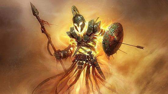 ksatria setan api memegang wallpaper tombak, prajurit, seni fantasi, Wallpaper HD HD wallpaper