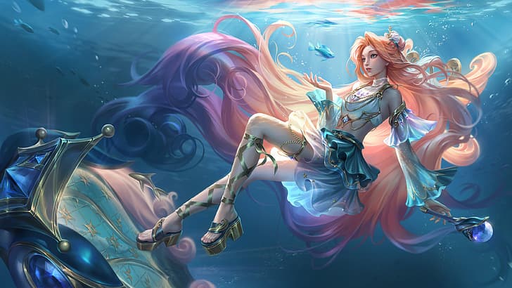 Sora Kim, drawing, women, redhead, long hair, League of Legends, Seraphine (League of Legends), underwater, legs, glamour, jewelry, gold, HD wallpaper