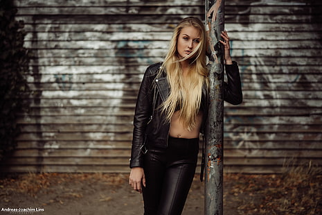 women's black leather zip-up jacket and black leather pants, Andreas-Joachim Lins, women, model, blonde, looking at viewer, leather jackets, leather pants , belly, pierced navel, portrait, women outdoors, long hair, hair in face, black clothing, straight hair, Rika, HD wallpaper HD wallpaper