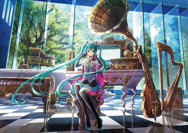 décor de table en bois marron et vert, anime, Hatsune Miku, Vocaloid, musique, instrument de musique, violon, harpe, casque, piano, cheveux bleus, Fond d'écran HD