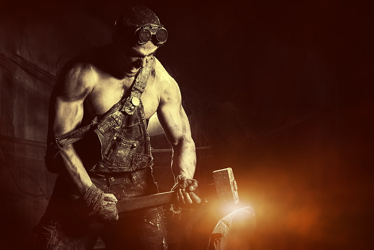 hammer, metal, fire, men, muscles, HD wallpaper