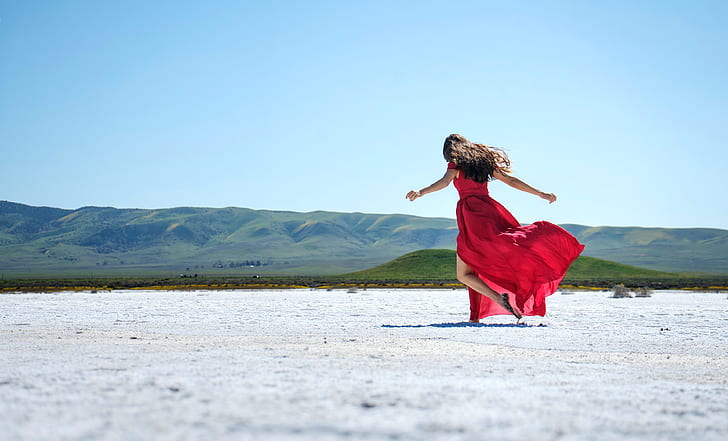 sand, the sky, girl, nature, pose, hills, back, brunette, space, red dress, long hair, hand in hand, HD wallpaper
