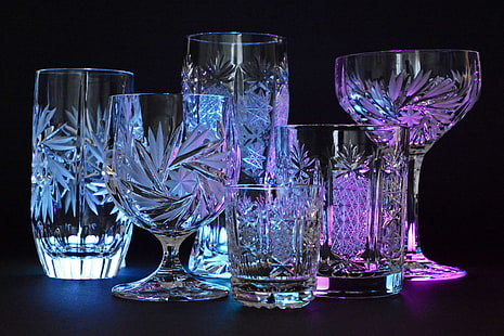 clear, crystal, crystal glass, crystal glasses, drinking glasses, elegant, glass, illuminated, wineglass, HD wallpaper HD wallpaper