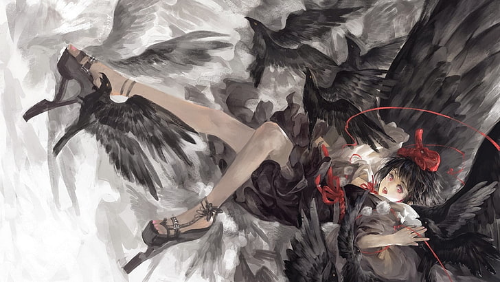 raven, anime girls, birds, anime, fantasy art, HD wallpaper