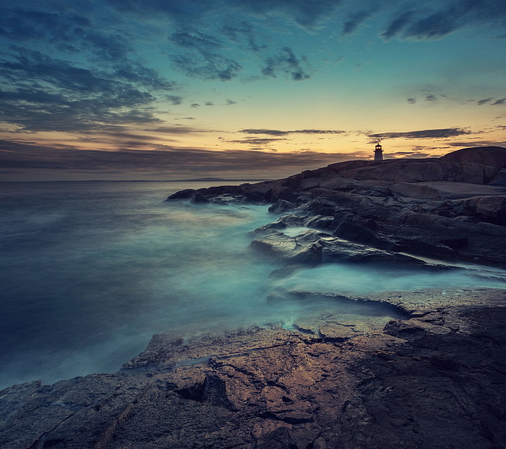 Silhouette des Leuchtturms, Sony, Blau, Küste, Tapete, Ozean, Leuchtturm, Nebel, Lager, Xperia, HD-Hintergrundbild