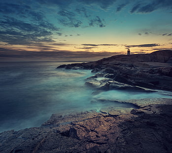 silhouette of lighthouse, Sony, Blue, Coast, Wallpaper, Ocean, Lighthouse, Fog, Stock, Xperia, HD wallpaper HD wallpaper