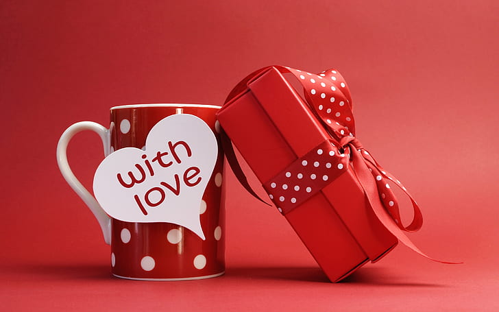 Valentine's Day, red style, cup, gift, ribbon, bow, Valentine, Day, Red, Style, Cup, Gift, Ribbon, Bow, HD wallpaper