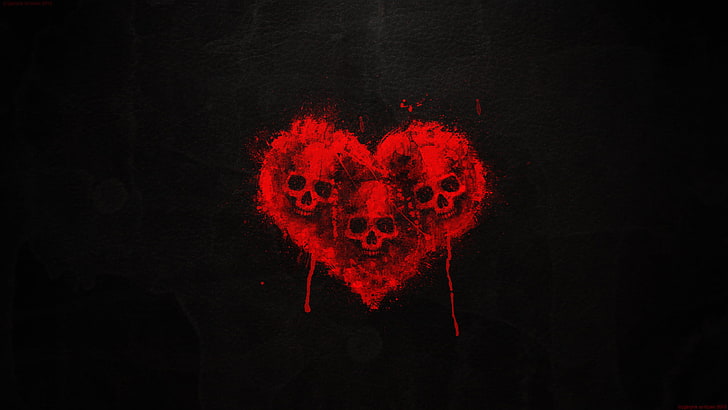 papel de parede preto e vermelho de coração e caveira, sangue, coração, crânio, fundo preto, três caveiras, HD papel de parede