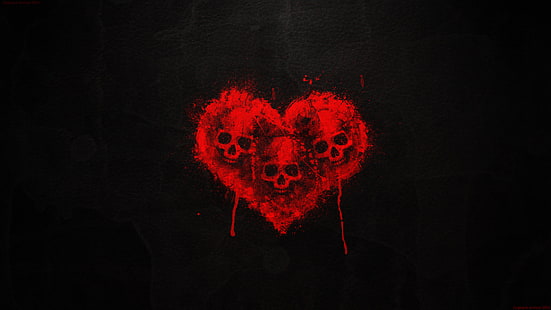 carta da parati cuore e teschio nero e rosso, sangue, cuore, teschio, sfondo nero, tre teschi, Sfondo HD HD wallpaper