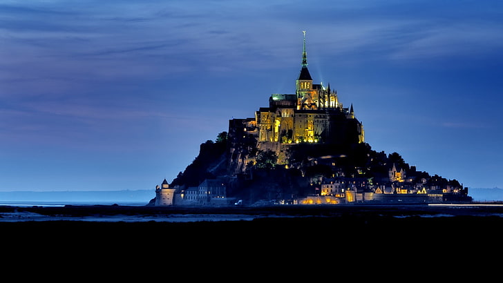 Мон Сен Мишел, замък, остров, град, абатство, градски светлини, HD тапет