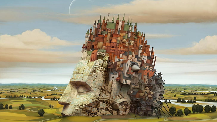 village on top of person's head illustration, digital art, Jacek Yerka, HD wallpaper