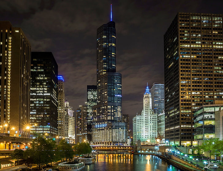 Night, Chicago, Skyscrapers, USA, skyline, nightscape, HD wallpaper