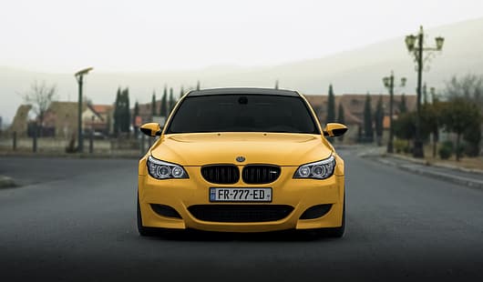 Желтый, E60, M5, Вид спереди, HD обои HD wallpaper