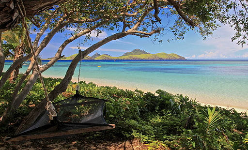 Hammock on Beach Fiji, view, island, tropical, hammock, lagoon, fiji, south-pacific, ocean, sand, blue, paradise, exotic, islands, beach, HD wallpaper HD wallpaper