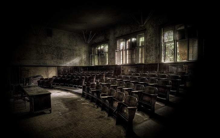 Sala de aula abandonada, escola, preto, HD papel de parede