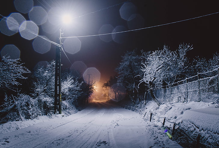Straße gefüllt mit Schnee während der Nachtzeit, Straße, Nacht, Winter, Bäume, Schnee, Eis, Jahreszeiten, HD-Hintergrundbild
