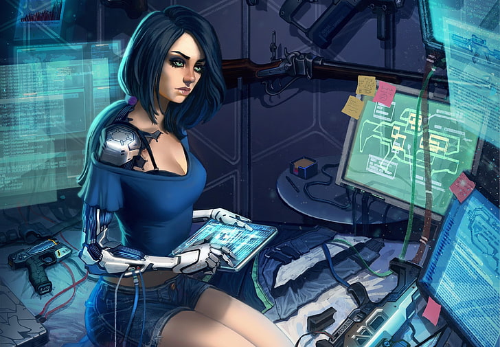 czarnowłosa bioniczna postać kobiety, cyborg, dzieło sztuki, science fiction, futurystyczny, fantasy art, komputer, Tapety HD