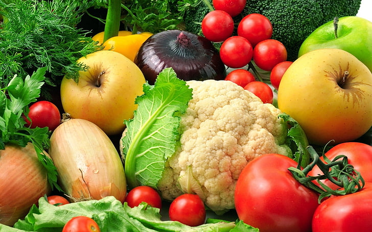 broccoli och mogen tomat, grönsaker, frukt, lök, äpplen, blomkål, aubergine, fänkål, broccoli, gröna, sallad, koriander, HD tapet