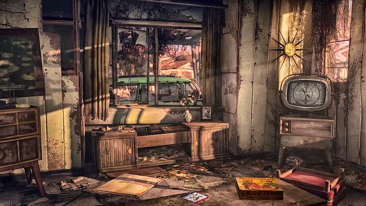 Vitrine aus braunem Holz mit Rahmen, Fallout, HD-Hintergrundbild