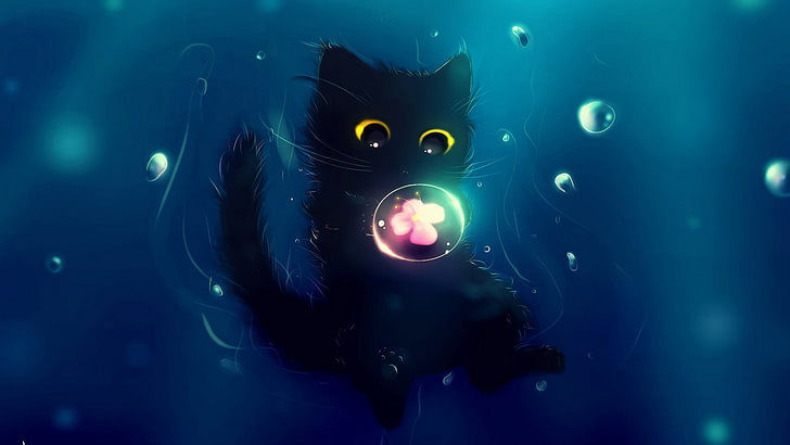 черный котенок, черная кошка, котенок, пузыри, пузырь, графика, HD обои