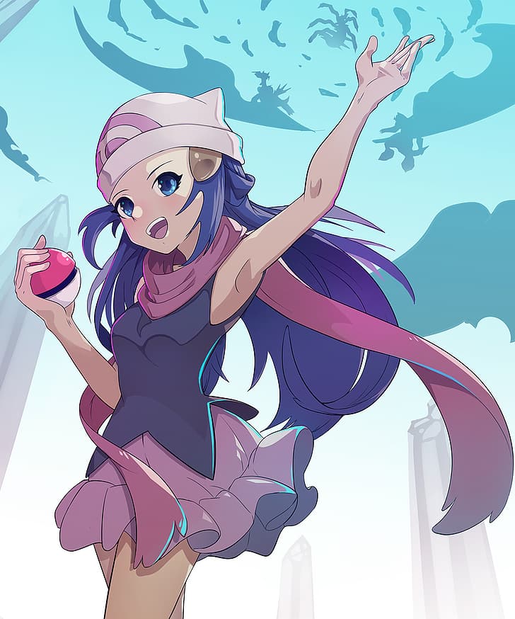 Anime, Anime Girls, Pokémon, Dawn (Pokémon), langes Haar, blaues Haar, Solo, Kunstwerk, digitale Kunst, Fankunst, HD-Hintergrundbild, Handy-Hintergrundbild
