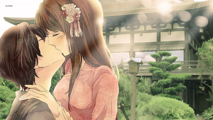 Homem beijando garota personagem de anime, Anime amor romance beijo, casal  se beijando dos desenhos animados, amor, arte cg, cabelo preto png
