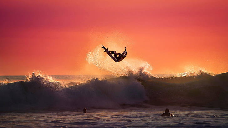 lautan, lompat, ombak, surfer, selancar, papan, triknya, Wallpaper HD