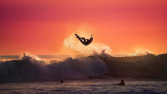 океан, прыжок, волна, серфер, серфинг, доска, трюк, HD обои HD wallpaper