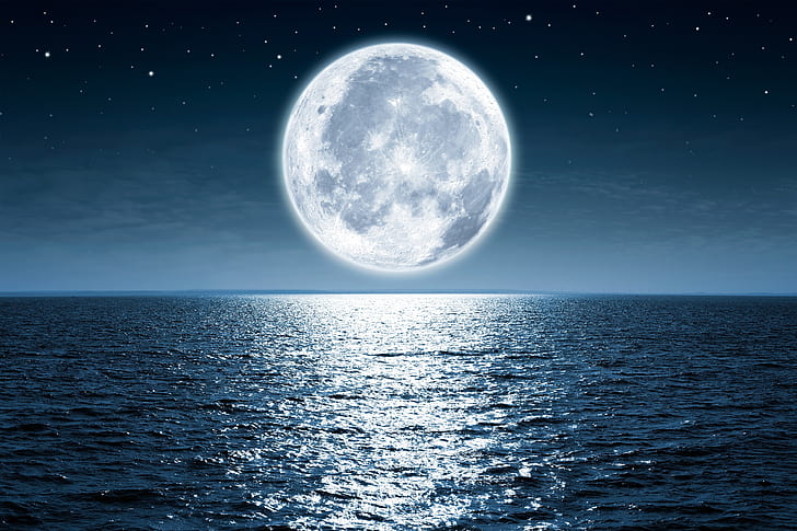 moon, ocean, water, night, HD wallpaper