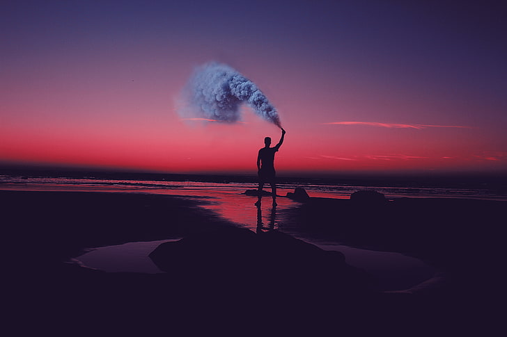 grauer Rauch, Rauchbomben, Rauchfackel, Ufer, Sonnenuntergang, HD-Hintergrundbild