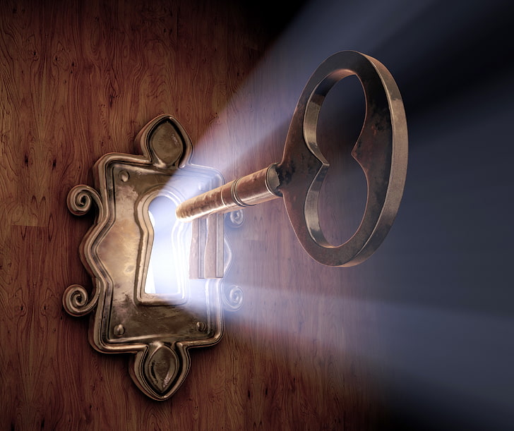 stainless steel key, light, castle, key, the door, hole, HD wallpaper