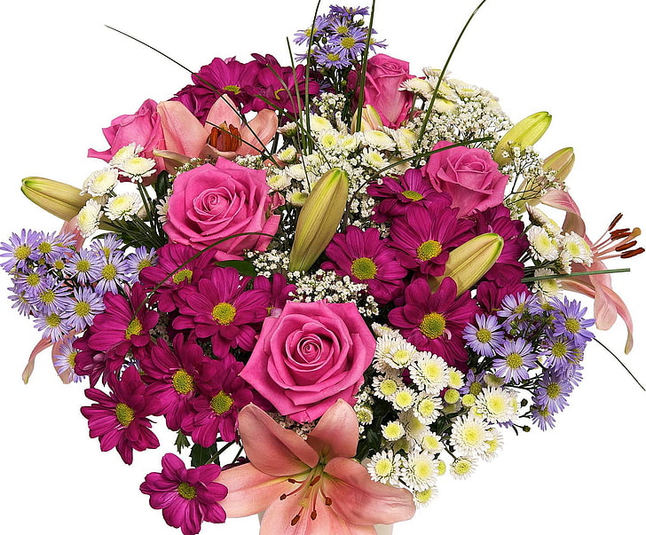 arrangement de fleurs rose, aster et lis, roses, chrysanthèmes, lis, fleurs, bouquet, décoration, Fond d'écran HD