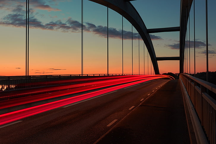 camino de concreto gris, puente, puesta de sol, cielo, marcado, Fondo de pantalla HD