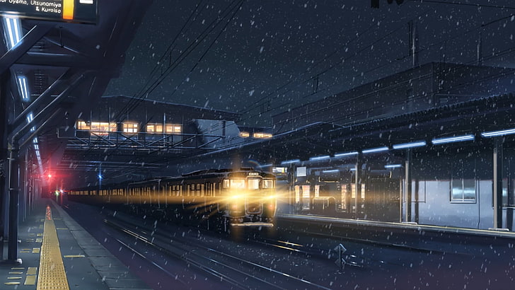 czarny pociąg, anime, zima, światła, stacja kolejowa, pociąg, śnieg, noc, 5 centymetrów na sekundę, Makoto Shinkai, Tapety HD