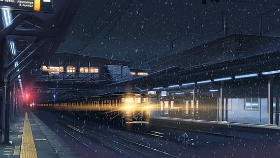 черный поезд, аниме, зима, огни, вокзал, поезд, снег, ночь, 5 сантиметров в секунду, Макото Синкай, HD обои HD wallpaper