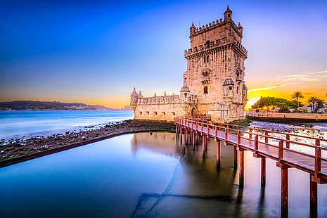 кафяв дървен крачен мост, кула, мост, Белем, Лисабон, Португалия, HD тапет HD wallpaper