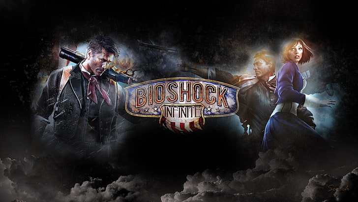 Bioshock Infinite poster, BioShock Infinite, Booker DeWitt, video games, artwork, clouds, Elizabeth (BioShock), HD wallpaper