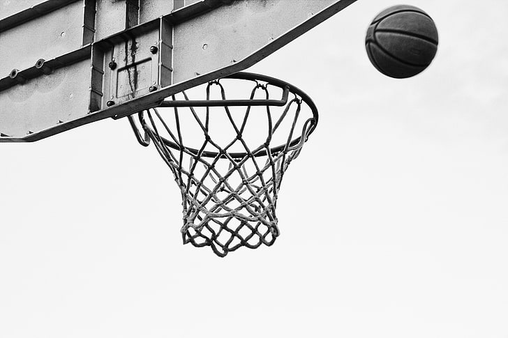 баскетбол и баскетбольное кольцо, баскетбол, сетка, кольцо, чб, HD обои