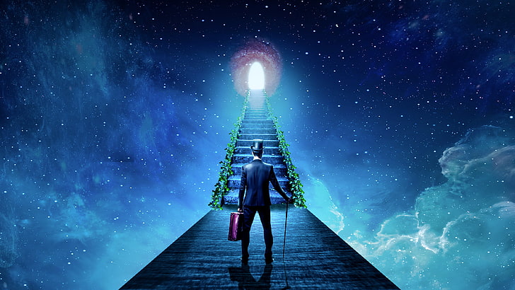man walking toward staircase illustration, Heaven and Hell, Man with No Name, galaxy, Portal (game), cyan, blue, space, Alone in the Dark, alone, power suit, God, path, red, stairs, HD wallpaper