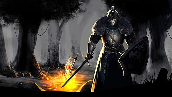 тапет за анимирани герои с броня, огън, меч, Dark Souls, гора, Dark Souls III, фентъзи изкуство, видео игри, Dark Souls II, HD тапет HD wallpaper