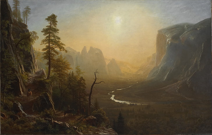 quadro, pintura, vale de Yosemite, Albert Bierstadt, trilha do ponto de geleira, HD papel de parede