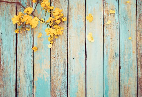  flowers, spring, yellow, vintage, wood, HD wallpaper HD wallpaper