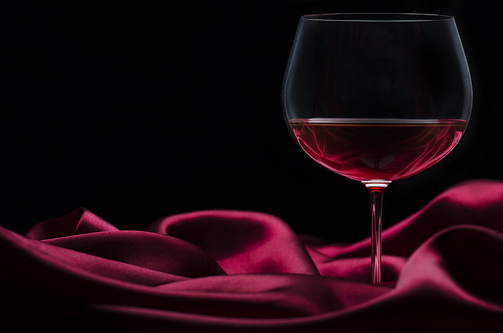 clear footed glass, wine, red, glass, silk, black background, Burgundy, satin, HD wallpaper
