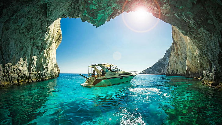 cave, Erosion, Greece, landscape, nature, photography, rocks, sea, Turquoise, water, Yachts, Zakynthos, HD wallpaper