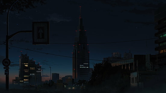 аниме, нощ, градски, пейзаж, небе, град, HD тапет HD wallpaper