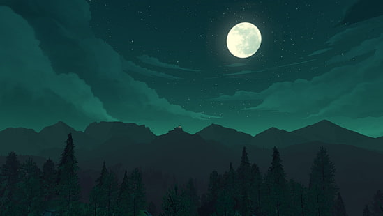 ay ve dağlar illüstrasyon, ateş izle, yeşil, doğa, ay, manzara, gece, HD masaüstü duvar kağıdı HD wallpaper